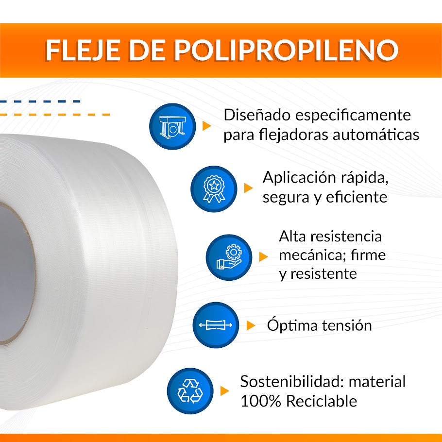 Fleje de Polipropileno Moleteado de 5 mm de ancho 0.5mm de espesor de 6,000m (8.6 kg/rollo)